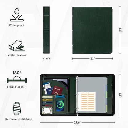 EYROZILL Zippered Leather 3 Ring Binder Organizer with Pockets – Business Portfolio Folder with Card Slots, Phone Holder, Pen Loop (Dark Green)