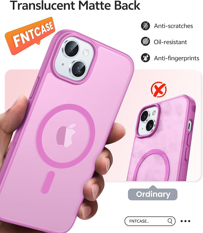 FNTCASE for iPhone 15/14/13 Case, Fit for Magsafe, Glass Screen Protector | Translucent Matte, Magnetic Phone Cases, 14FT Military Grade Drop Protection, Slim Shockproof Protective Cover, Pink