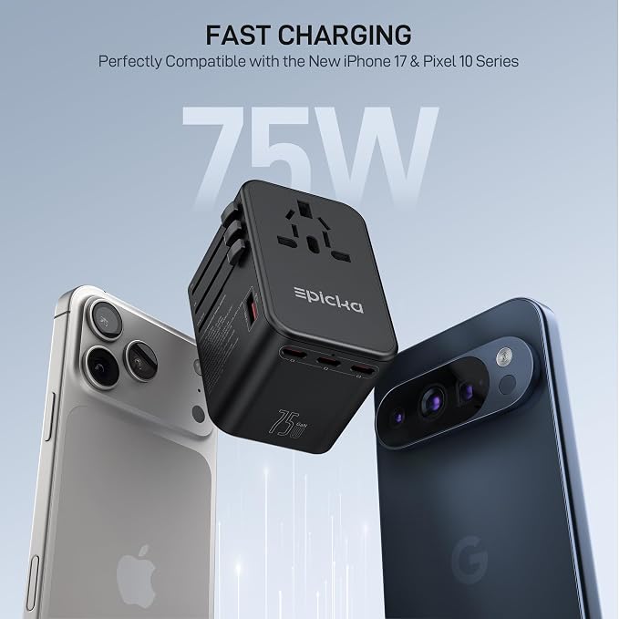 EPICKA Universal Travel Adapter, GaN 75W International Plug Adapter with 3 USB-C PD Fast Charging & 2 USB-A Quick Charging Adaptor All-in-one Wall Charger for USA EU UK AUS (TA-105 Max, Black)