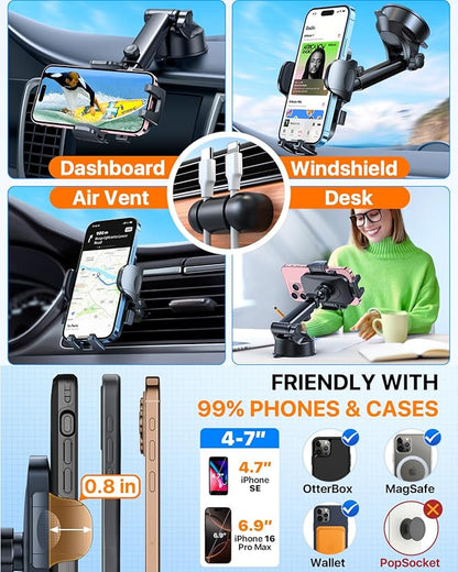 HTU 2026 Ultimate Best【True Military-Grade & Safety Cert】Car Phone Holder【Upgraded 360 Rotation & 100+LBS Strongest Suction】5-in-1 Truck Windshield Dashboard Vent Mount Stand for iPhone Android, Blue