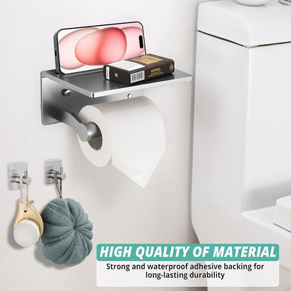 Toilet Paper Holder with Shelf and 2 Towel Hooks - Self Adhesive Toilet Paper Storage - Tissue Roll Holder with Phone Shelf - Wall Mount Toilet Roll Bathroom Organizer - Brushed Nickel