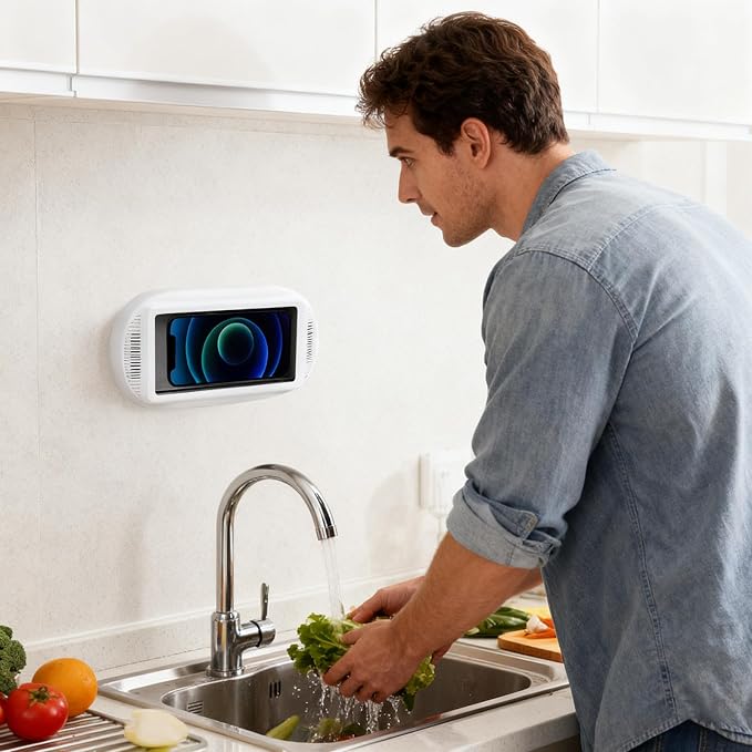 Shower Phone Holder,Water Proof with Speaker-Phone Holder Phone,360° Rotatable No Fog Screen Wall Mount,Universal 4-7 Inch Phones Bathroom Bathtub Kitchen,Secure 360°, No Hands Entertainment (1)