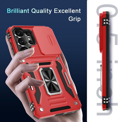 DEERLAMN Case for Samsung Galaxy S26 Ultra 6.9-Inch with Slide Camera Cover+Screen Protector(1 Pack), Rotated Ring Kickstand Military Grade Shockproof Protective Cover-Red