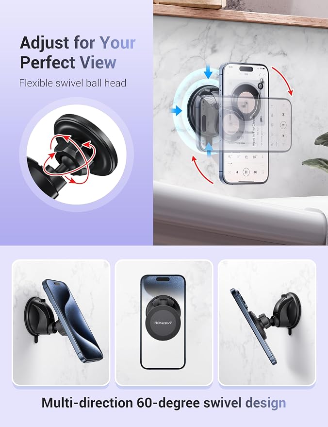 PROfezzion Multi-Surface Suction Mount Detachable Magnetic Phone Holder for Mirror Shower Bathroom Kitchen Window Videos Compatible with MagSafe iPhone 17 16 15 14 13 12 Pro Max & All Phones - Black