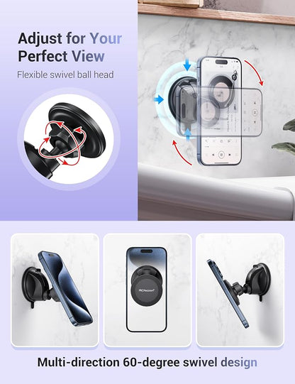 PROfezzion Multi-Surface Suction Mount Detachable Magnetic Phone Holder for Mirror Shower Bathroom Kitchen Window Videos Compatible with MagSafe iPhone 17 16 15 14 13 12 Pro Max & All Phones - Black