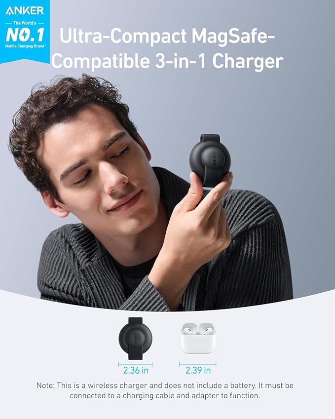Anker MagSafe Compatible MagGo UFO 3-in-1 Charger, iPhone 17 Wireless Charging Station, 15W Qi2 Certified, Foldable Travel Charging Pad (Black Stone, with Travel Case & Adapter)