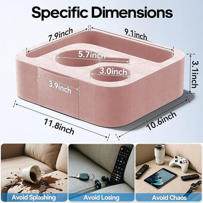 Couch Cup Holder Pillow, Sofa and Bed Caddy for iPad, Kindle, Switch, Game Controller, Remotes, Phones, Small-Sized Cup & Drink Holder for Couch, Bed, Desk, Car, Beach, Bathroom Cup Holder Pink