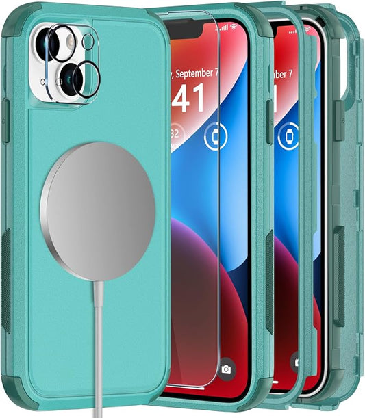 Diverbox Heavy Duty Magnetic Case for iPhone 14 [with Screen & Camera Lens Protectors] (Teal)