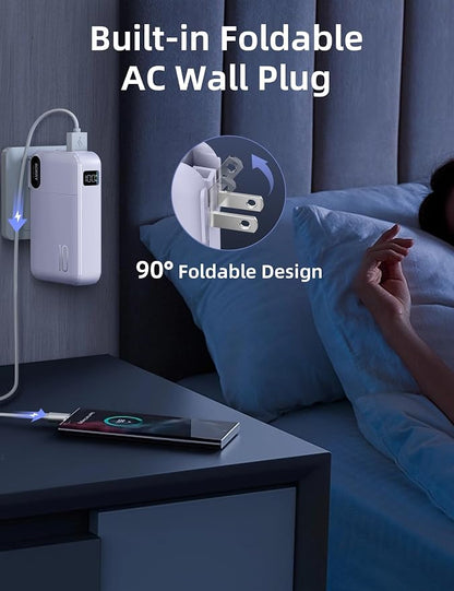 RORRY Portable Charger w/Wall Plug 10000mAh Power Bank 22.5W Battery Pack | Built in Cables, Fast Charging, for iPhone, iPad, Samsung Galaxy, Pixel, LG, Travel Essential, Digital Display, Pocket Size