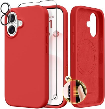 GONEZ Magnetic for iPhone 17 Case, Compatible with MagSafe, [Screen Protector + Camera Lens Protector], Liquid Silicone Anti-Scratch Shockproof Protective Phone Case 6.3 inch, Red