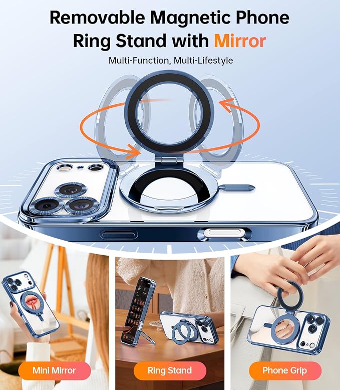 Meifigno Magnetic Case Designed for iPhone 17 Pro Max with Removable Phone Ring Stand, Glitter Card & Wrist Strap, Compatible with MagSafe, Built in Mirror, Phone Ring Holder + Case Kit, Blue