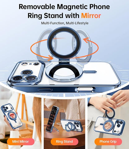 Meifigno Magnetic Case Designed for iPhone 17 Pro Max with Removable Phone Ring Stand, Glitter Card & Wrist Strap, Compatible with MagSafe, Built in Mirror, Phone Ring Holder + Case Kit, Blue