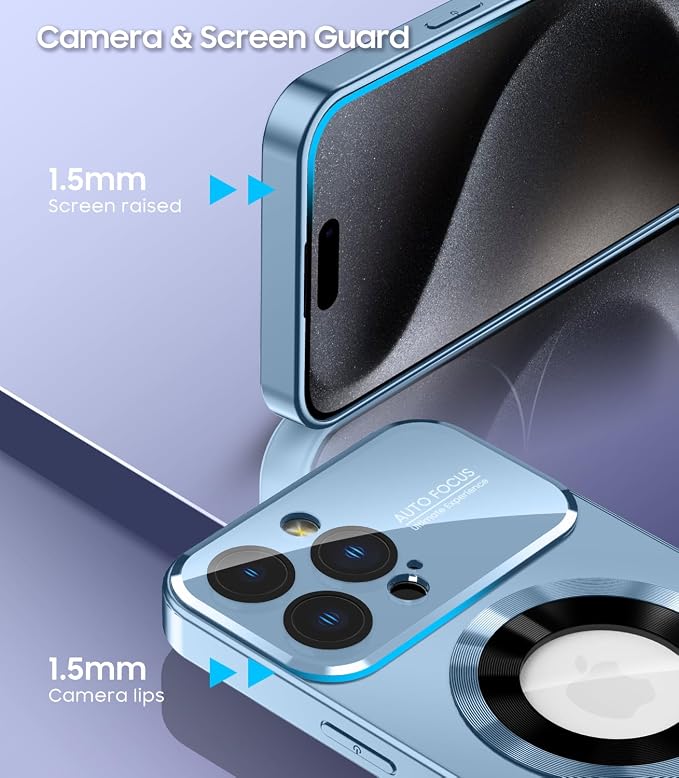 Magnetic for iPhone 15 Pro Max Case, Compatible with MagSafe, Built-in Camera Lens Protector, Logo View, Military Grade Drop Proof Phone Case Cover, Sierra Blue