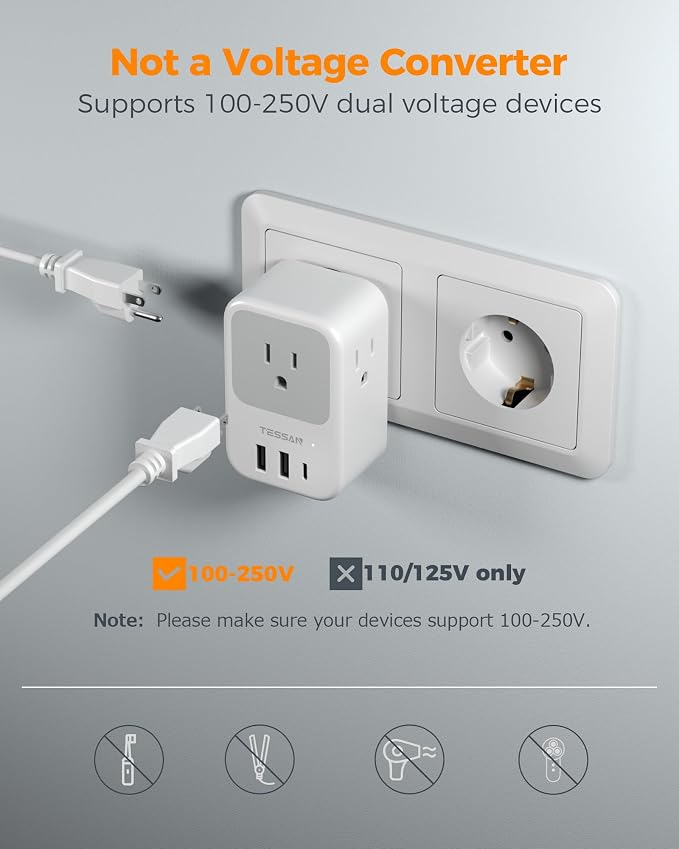 TESSAN European Travel Plug Adapter, 2 Pack | Built-in 20W Retractable USB-C Cable, Type C Power Adapter, 3 AC Outlets 4 USB Ports