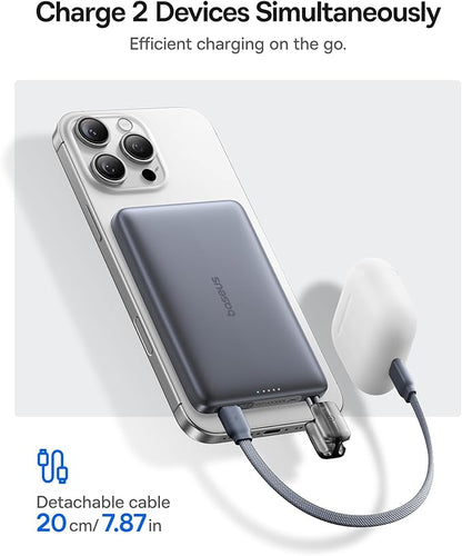 Baseus Picogo Qi2 15W Magsafe Portable Charger, 0.5" Ultra Slim 10000mAh Wireless Power Bank with 27W Built-in USB-C Cable, Magnetic Battery Pack for iPhone 17 Pro Max/17 Pro/Air/16/15/14/13/12