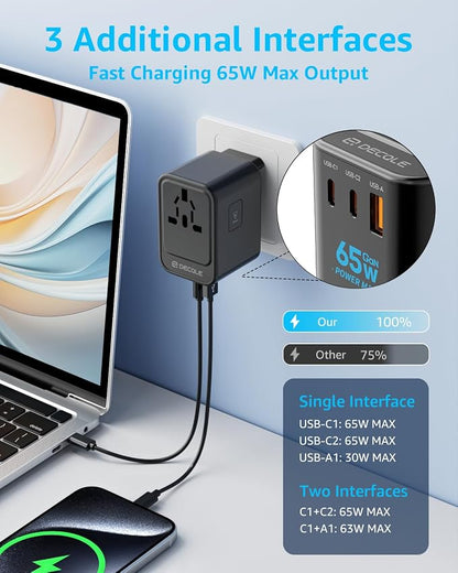 Universal Travel Adapter, 2 USB-C ＆ 1 USB-A, Cover 200+ Countries | GaN 65W, International Plug Adapter, All in One Portable Adapter, NOT A Voltage Converter, for USA, UK, EU, AU (Black)