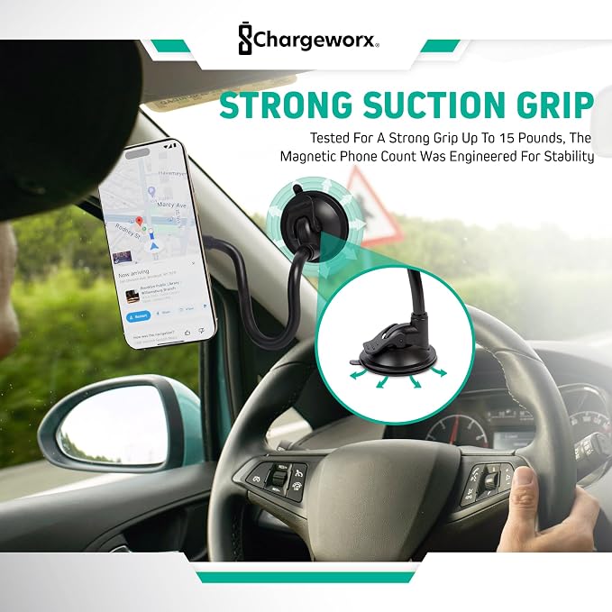 CHARGEWORX Magnetic Phone Stand Mount for Car Windshield – 14-Inch Flexible Gooseneck Holder with Strong Suction Cup & 360° Rotation, Magsafe iPhone & Android Compatible Car Holder Accessory