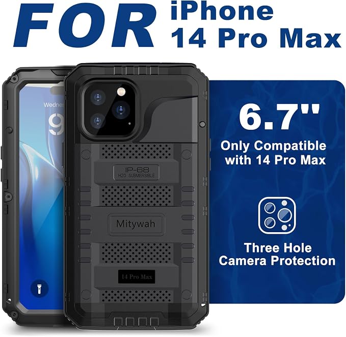 Mitywah Waterproof Case for iPhone 14 Pro Max, Heavy Duty Metal Case with Built-in Screen Protector, Military Grade Drop Protection Full Body Aluminum Protective Cover 6.7 inch, Black