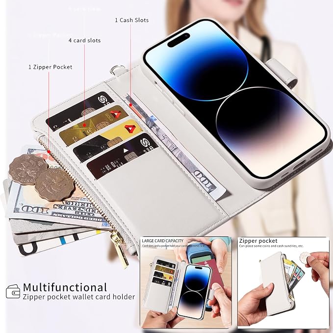 for iPhone 16 Pro(6.3 inches) Detachable Wallet Case with Crossbody.Multi-Function 2 in 1 Magnetic Wallet Case with Card Holder.Flip Strap Zipper Phone Case with Shoulder Straps
