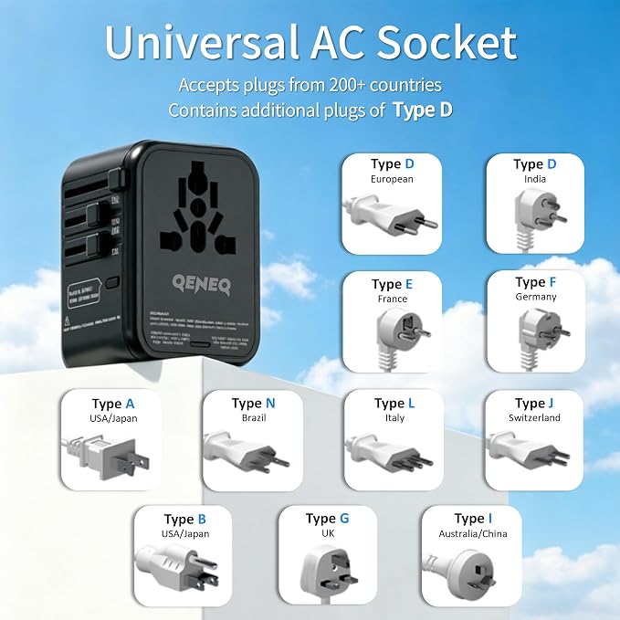 220V to 110V Voltage Converter Universal Travel Adapter International Step Down Power Adapter Converter with 3 USB C and USB A Ports US Canada to Europe Plug Adapter Travel Plug Adapter (Black)