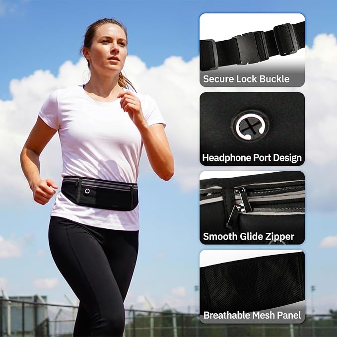 Running Belt with 500ml Water Bottle Holder Slim Waist Pack Fanny Pack Phone Holder Water Resistant Reflective Adjustable Elastic Strap Lightweight Capacity Running Waist Bag (Black)
