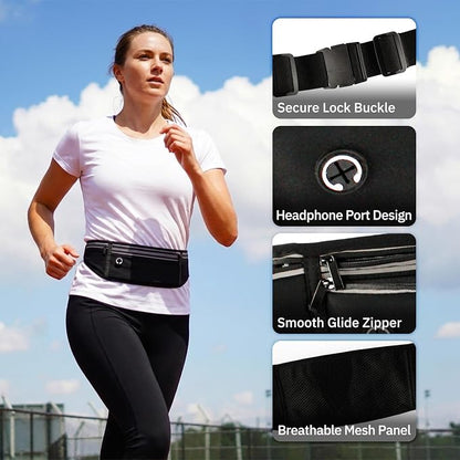 Running Belt with 500ml Water Bottle Holder Slim Waist Pack Fanny Pack Phone Holder Water Resistant Reflective Adjustable Elastic Strap Lightweight Capacity Running Waist Bag (Black)