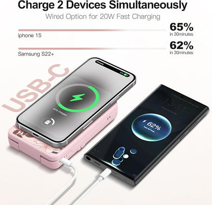 Magnetic Wireless Power Bank 5-in-1, 5000mAh Portable Charger with LED Mirror, Phone Stand, Card Holder & Bluetooth Remote, 20W Fast Charging for iPhone & Android, Travel Essential for Women