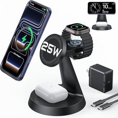 25W Fast Charging Station for MagSafe Charger for iPhone 17/16/S26 Ultra/Pixel 10, 3 in 1 Magnetic Wireless Charger with 45W Adapter Only for iWatch & Earbuds, Charger Stand Dock with Heat Dissipation