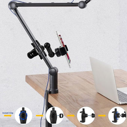 Clamp Phone Stand Holder for Guitar Head/Desk/Table/Glass/Baffle/Easel,Guitar Head Phone Mount,360°Adjustable Aluminium Alloy Arm Compatible with iPhone/Nexus/HTC/LG/Huawei/Smart Phones