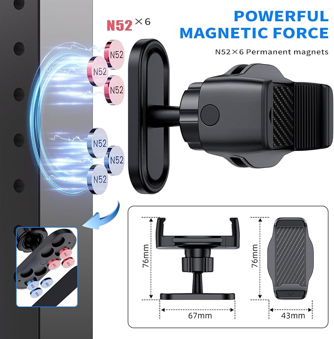 Magnetic Phone Holder for Gym - 360° Adjustable Magnet Phone Mount for Workout Recording, Compatible with iPhone 16/15/14/13/12, Android and Smartphone