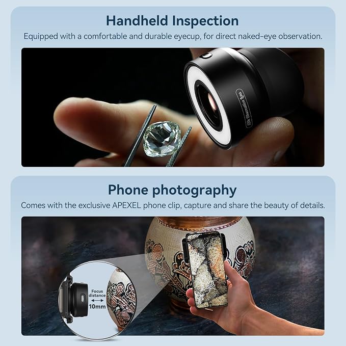 APEXEL 120X Phone Microscope Lens, Jewelers Loupe Magnifier with Eyecup/Illuminated LED Light/Universal Clip, Compatible with iPhone/Android Gems, Jewelry, Coins, Portable Mini Pocket Microscope