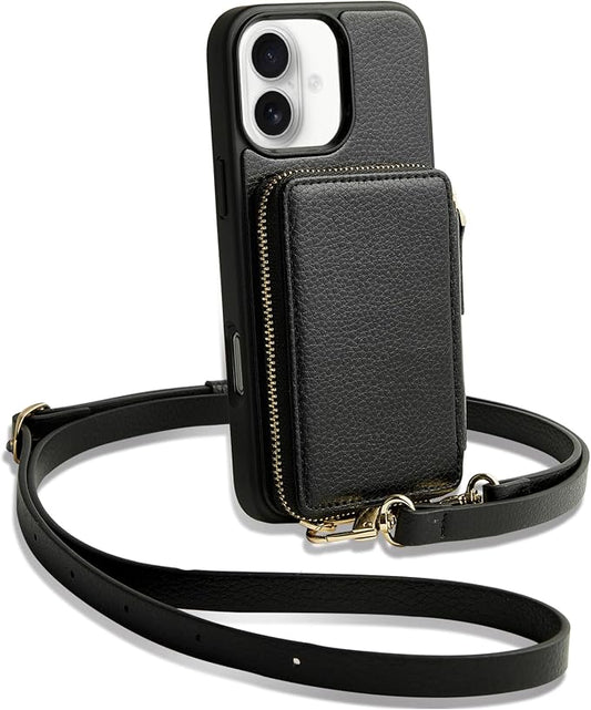 ZVE for iPhone 17 Case Wallet with Crossbody Strap, RFID Blocking Zipper Phone Purse with Card Holder 6.3", Black