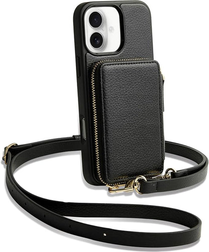 ZVE for iPhone 16 Plus Wallet Case, Zipper Crossbody Case with Credit Card Holder Zipper Wallet Case Wrist Strap for Women for iPhone 16 Plus 6.7" Black