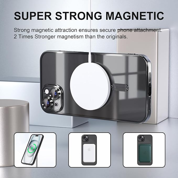 Misea Magnetic for iPhone 15 Plus Case Compatible with MagSafe [Never Yellowing] [Military Grade Drop Protection] Full Camera Lens Protector Plating Soft Clear Phone Case for Women, Black
