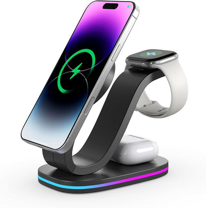 Wireless Charging Station, Qi2 15W 4-in-1 Charger Station for iPhone 17/16/15/14/13/12 Series, Watch Airpods 1-8/Ultra, iPad, AirPods (Black 4 in 1)