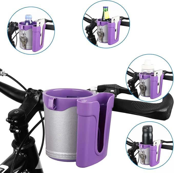 Accmor 3-in-1 Bike Cup Holder with Cell Phone Keys Holder, Bike Water Bottle Holders, Universal Bar Drink Cup Can Holder for Bicycles, Motorcycles, Scooters, Grey Purple