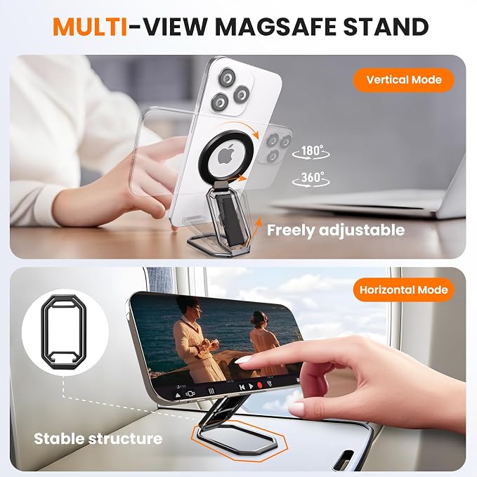 Magnetic Phone Grip & Stand for Desk, Bed & On-the-Go – Compatible with MagSafe – Secure One-Hand Hold, Comfortable Scrolling, Hands-Free Video Calls (Black)