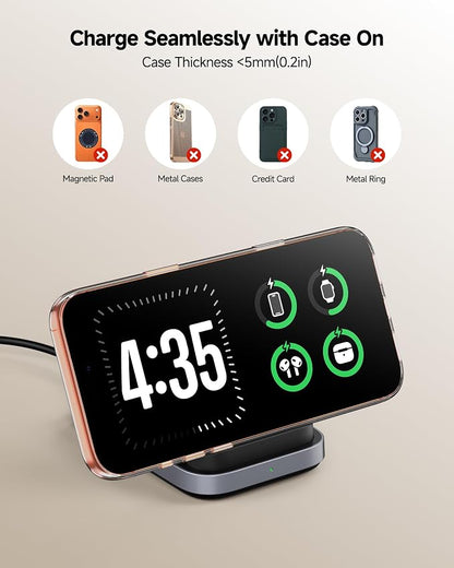iPhone Standby Mode Wireless Charger for iPhone 17-14 Series (Horizontal Only), Foldable 3-in-1 Charging Station for Apple Watch Ultra 2/11/10/9/8 & AirPods 4/Pro 3/Pro 2, SwanScout 713A (No Adapter)