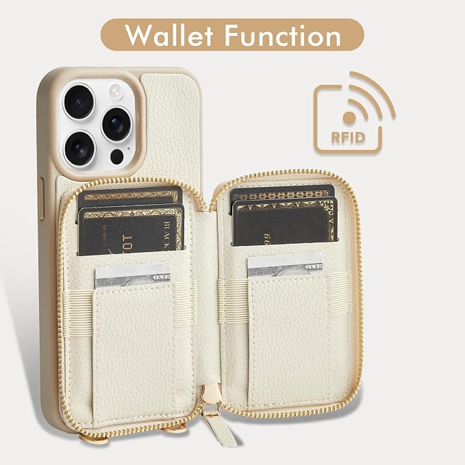 ZVE for iPhone 14 Pro Max Wallet Case Crossbody, Card Holder Phone Purse with Wrist Strap, RFID Blocking Zipper Cover for Women Compatible with iPhone 14 Pro Max, 6.7"- Beige