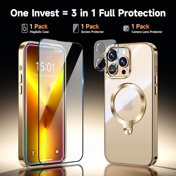 [Tri-Shield Protection] for iPhone 13 Pro Case with 360° Spin Stand Compatible with MagSafe [Magnetic CD Ring] [Screen & Camera Lens Protector] Shockproof Plating Never-Yellowing, Gold-6.1"