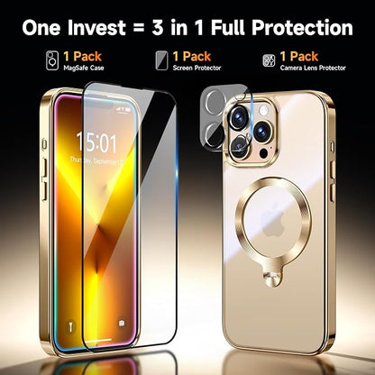 [Tri-Shield Protection] for iPhone 13 Pro Case with 360° Spin Stand Compatible with MagSafe [Magnetic CD Ring] [Screen & Camera Lens Protector] Shockproof Plating Never-Yellowing, Gold-6.1"