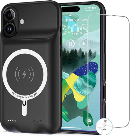 Battery Case for iPhone 16 Plus, [12000mAh] Enhanced Portable Protective Smart Qi Wireless Charger Case Battery Pack with CarPlay Wireless Charging Case Compatible for iPhone 16 Plus (6.7 inch)-Black