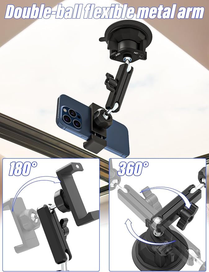Heat Resistant Suction Cup Phone Holder, Ultra-Durable Metal Arm Phone Mount for Car Windshield Window Sunroof Dash, Vehicle Car Phone Holder Fit for 4-7" Cellphone