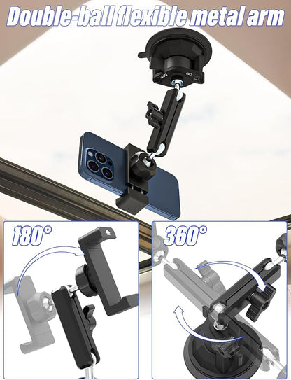 Heat Resistant Suction Cup Phone Holder, Ultra-Durable Metal Arm Phone Mount for Car Windshield Window Sunroof Dash, Vehicle Car Phone Holder Fit for 4-7" Cellphone
