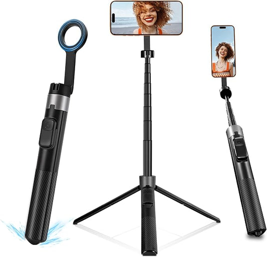 Magnetic Phone Tripod for iPhone MagSafe - 67" Auto-Deploy Selfie Stick with Wireless Remote, 360° Rotatable Tripod Stand for Video Recording, Live Streaming, Vlogging