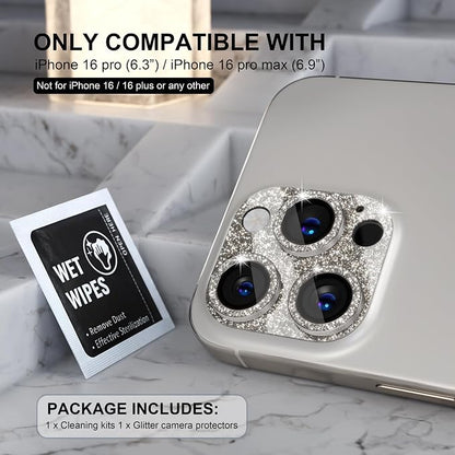 Choiche Compatible for iPhone 16 Pro/iPhone 16 Pro Max Camera Lens Protector, Bling Camera Cover with 9H Tempered Glass Lens Screen Protector Metal Ring Accessories (Glitter-Titanium Natural)