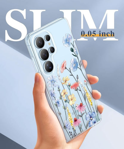 GVIEWIN for Samsung Galaxy S26 Ultra Case, Clear Floral Slim Shockproof Protective Women Phone Case, Non-Yellowing, with Screen Protector & Camera Lens Protector for S26 Ultra 6.9", Aconite/Light Blue