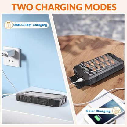 Power Bank Solar Charger 20,000mAh, Portable Phone Charger, 4 Cables Outdoor Waterproof External Backup Power Charger with USB-C for Cell Phones, Solar Battery Pack with Dual Flashlight for Camping