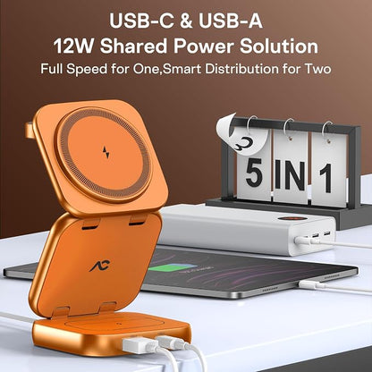 5-in-1 Wireless Charger for MagSafe, AC ISLAND Portable Travel Charging Station, 35W Max Fast Foldable Magnetic Stand, Evolved for iPhone 17-12 & Air Series, Apple Watch, AirPods (with 35W Adapter)