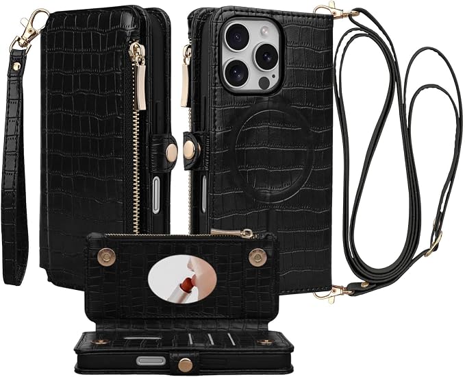 Crossbody Wallet Case for iPhone 16 Pro with Mirror, Wrist Strap, Zipper Purse Magnetic Flip RFID Blocking Card Holder, Wireless Charging, PU Leather Shockproof 6.3" Women (Black)